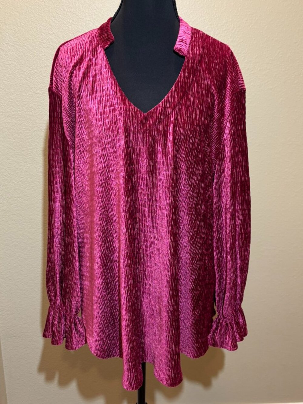 Ruby Rd Pink Fuchsia Tunic V-Neck Long Sleeve Top Size L